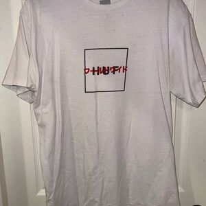 HUF Shirt Men’s Size Medium Embroidered Asian  Lettering Logo Short Sleeve White